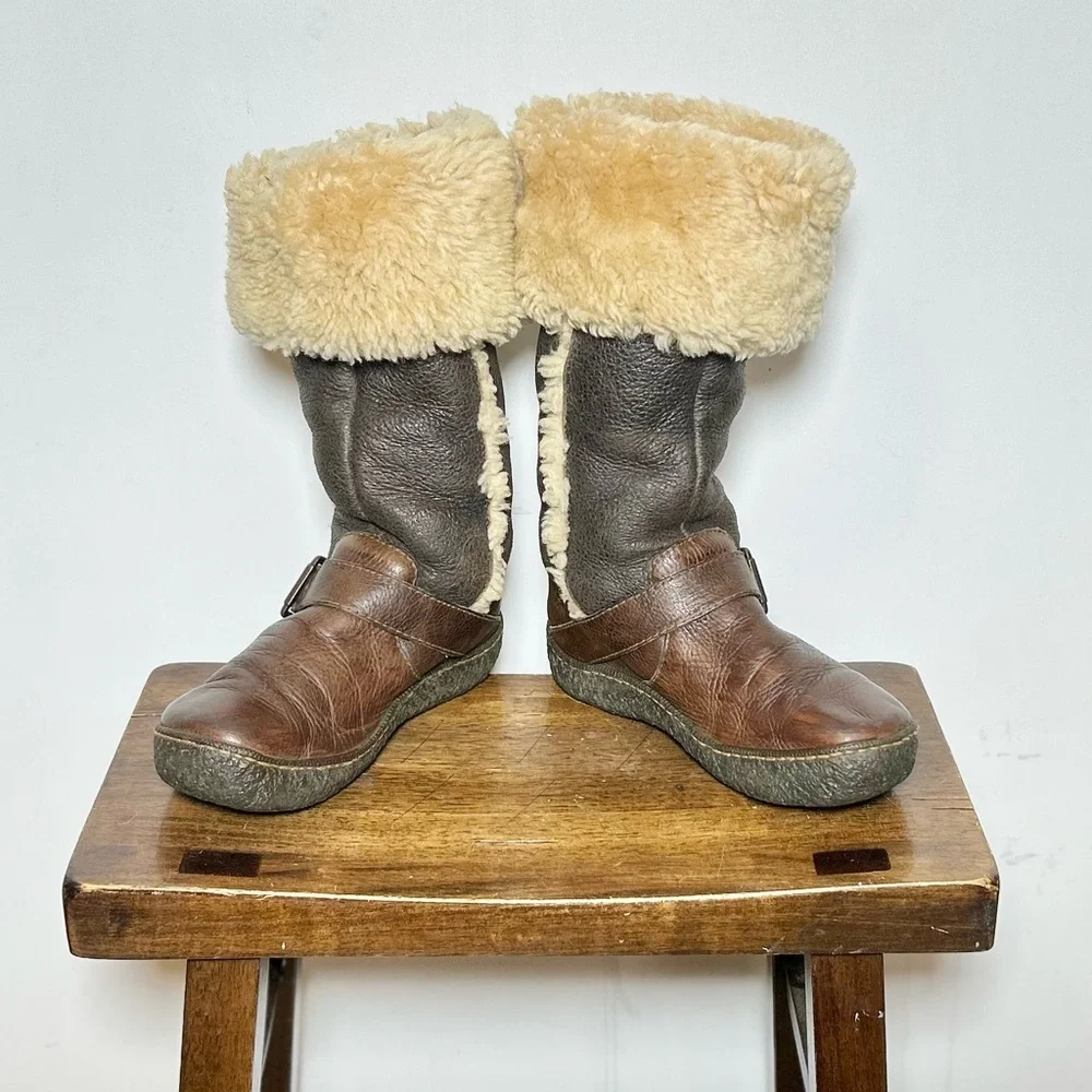 Vintage Born Western Leather Shearling Knee High Boots in Brown & Cream, Size 7